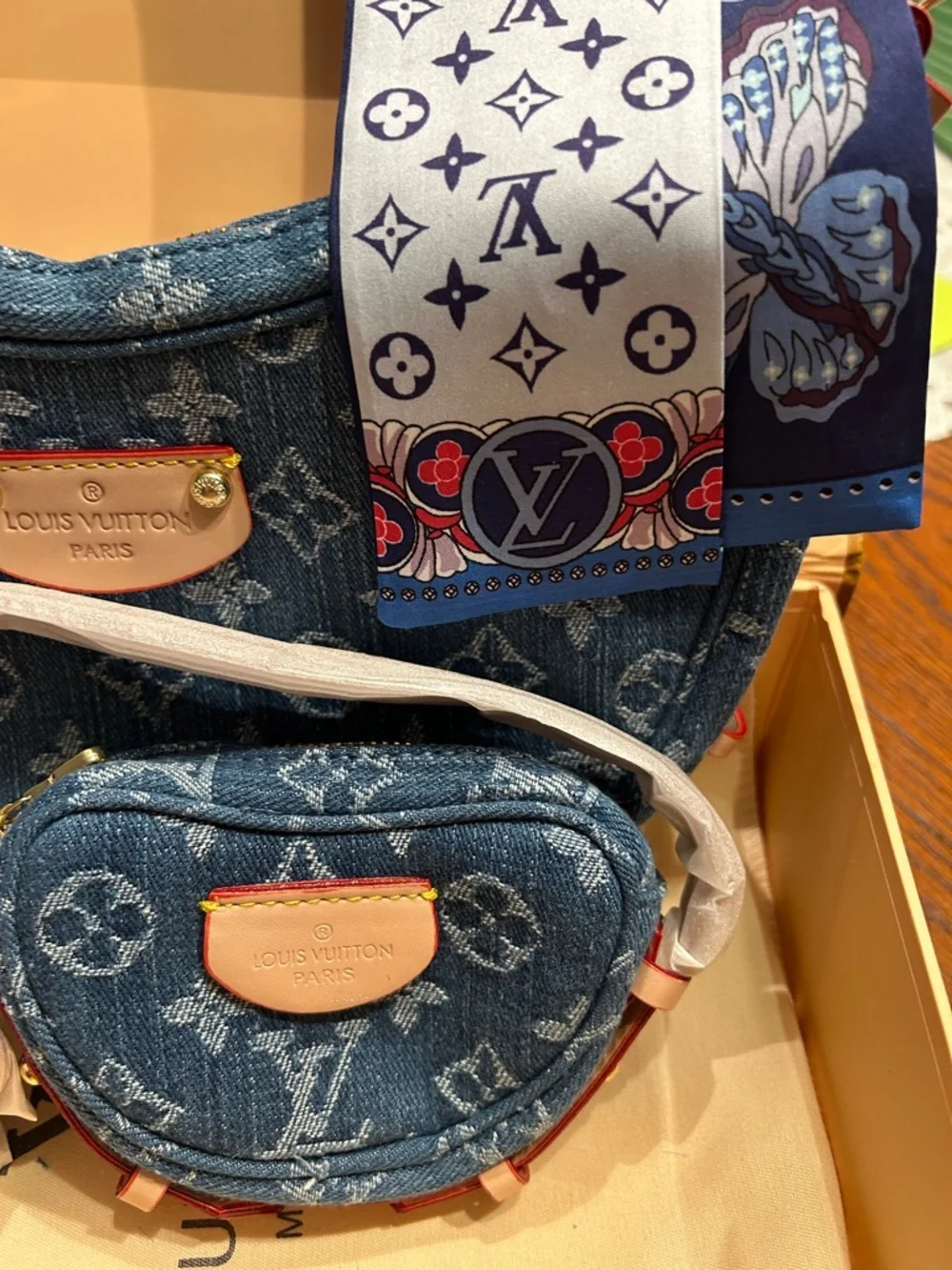 Designer Blue Denim Monogram Crossbody with Matching Pouch, Bandanna & Bracelet - Picture 4 of 7